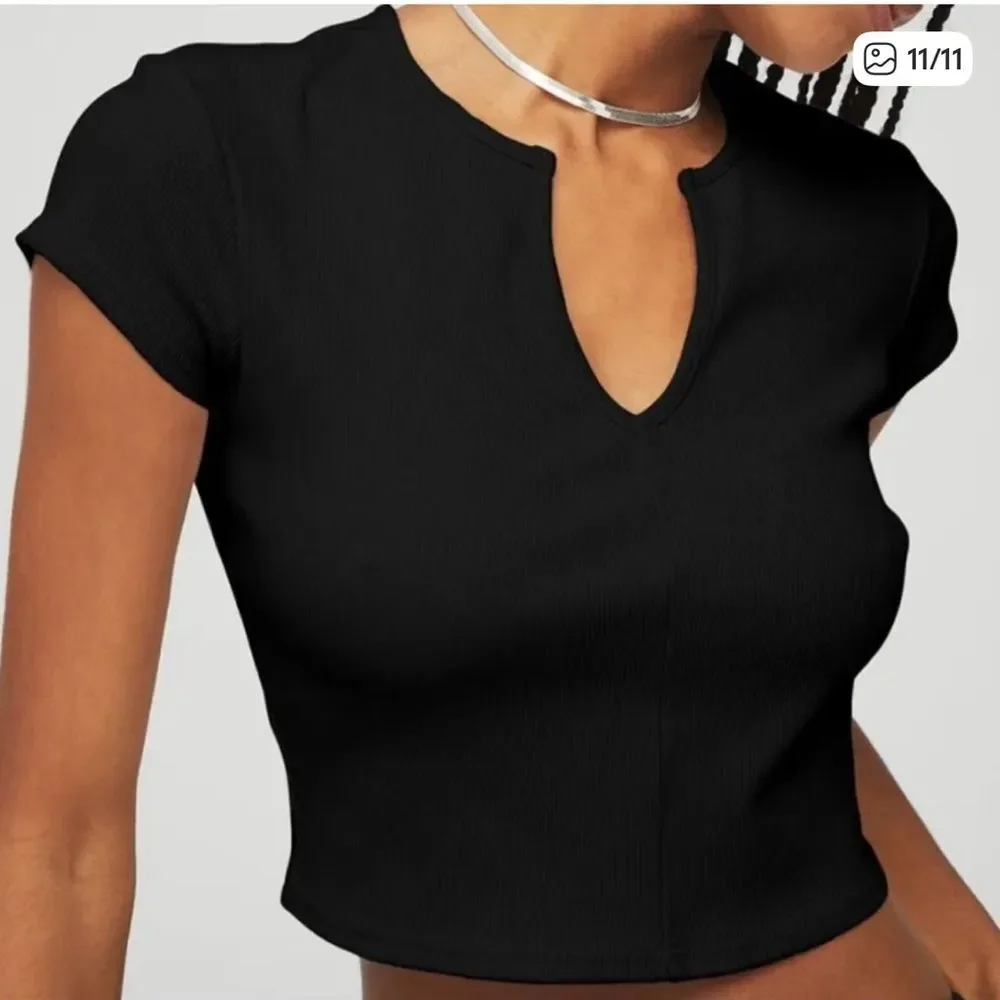 ALO YOGA Black Ribbed Cropped Savvy Short Sleeve Active Lounge Shirt Top Size XS